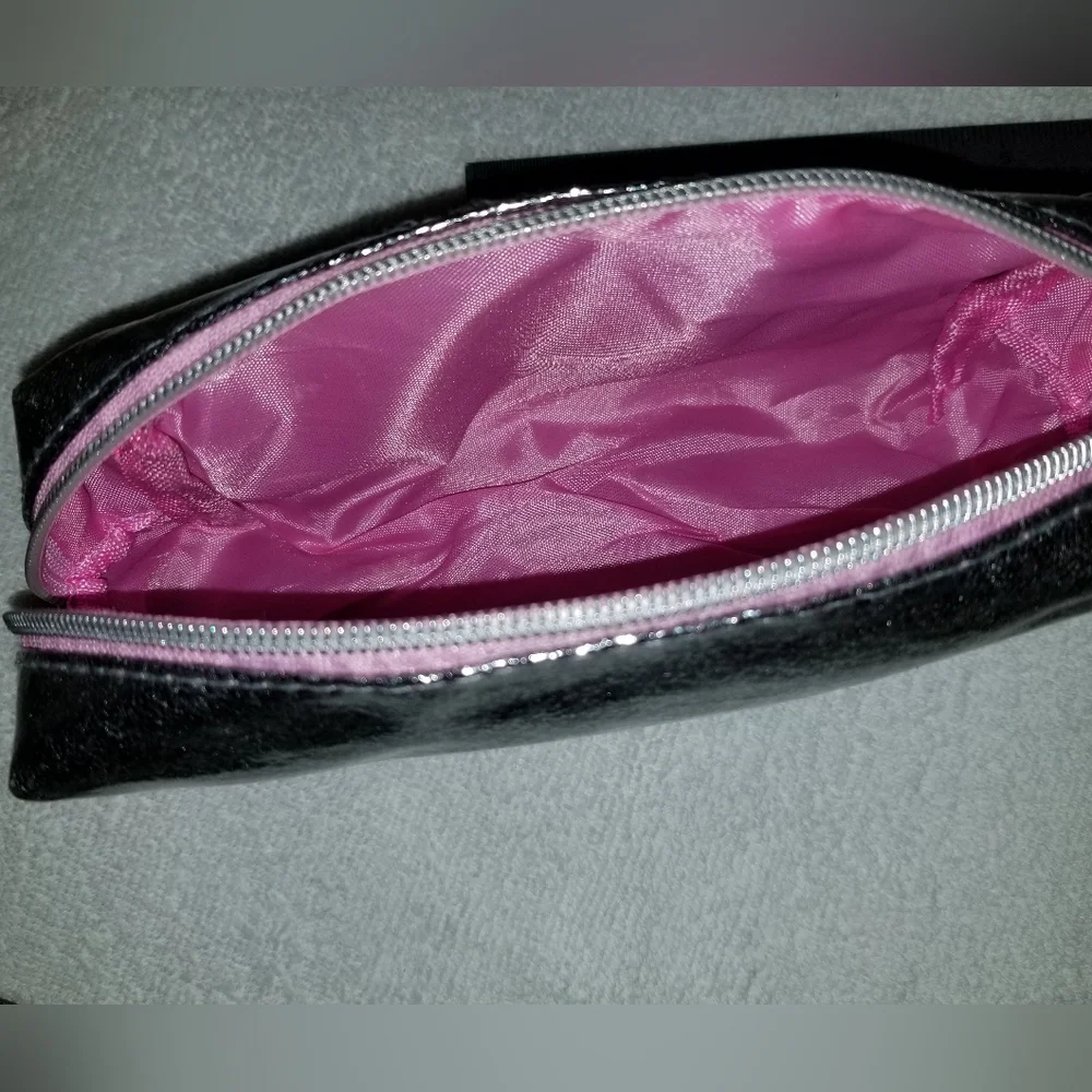 Glittery Silver Zippered Cosmetic Pouch Pink Inside